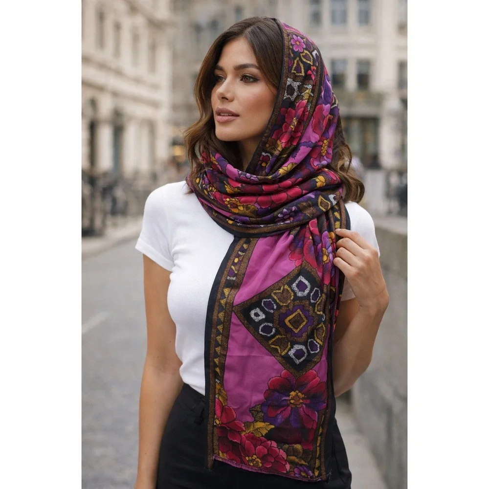 Adrienne Landau Vtg Floral Silk Scarf Purple‎ Black Gold Boho 11